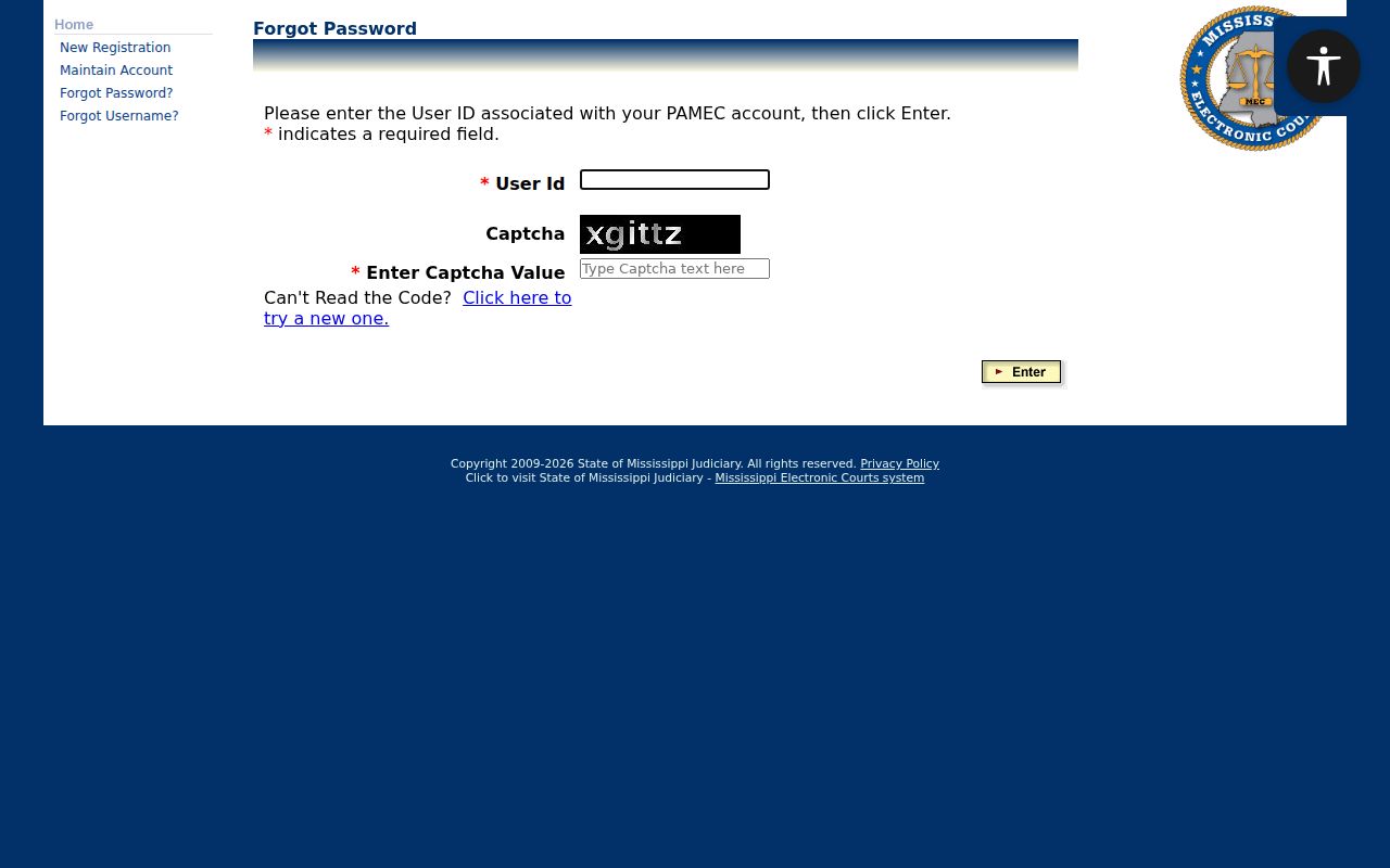 Attala County case search PAMEC password recovery