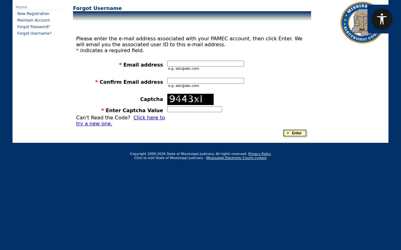 Attala County case search PAMEC username recovery
