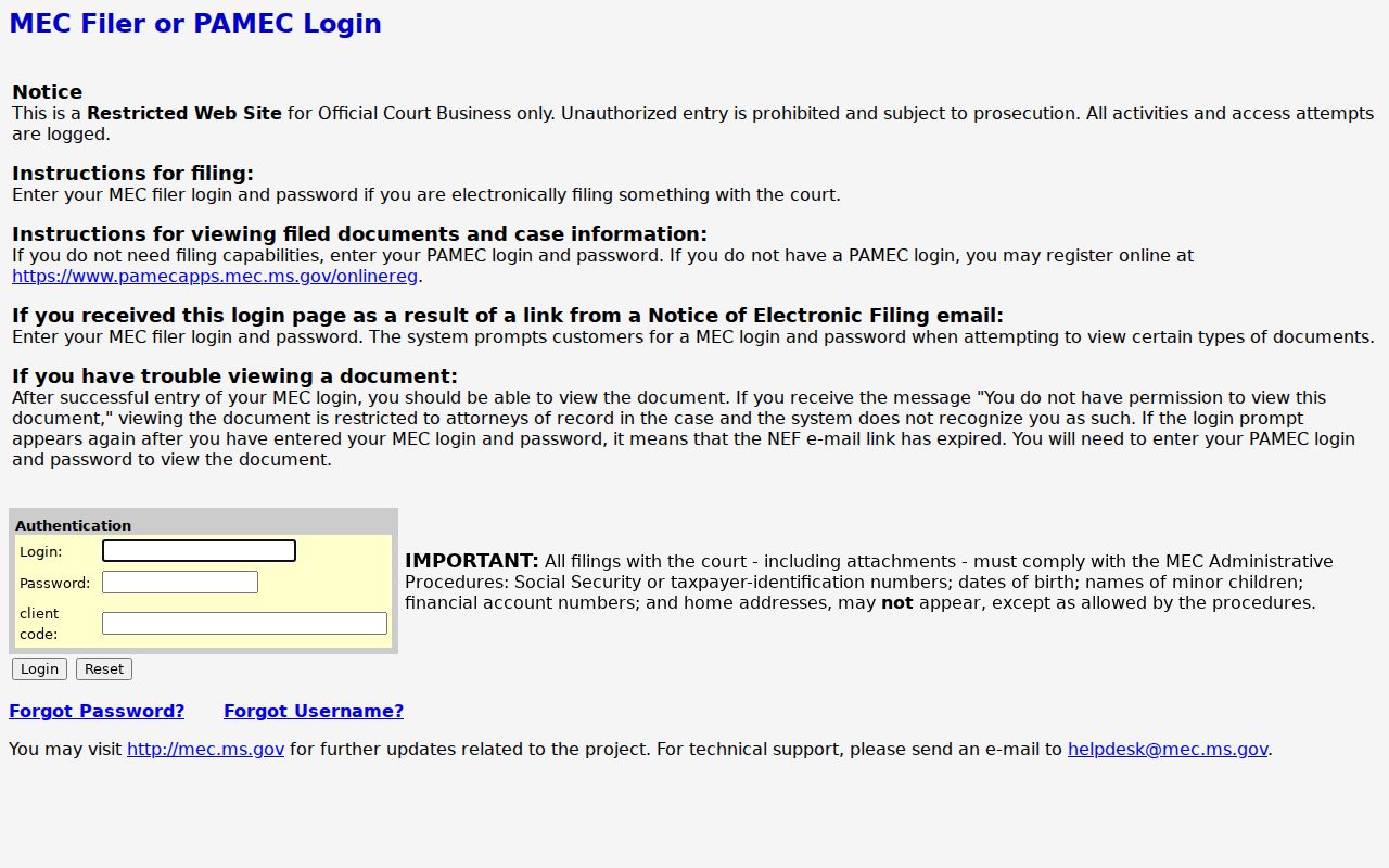 Attala County civil docket Sixth Chancery MEC login screen